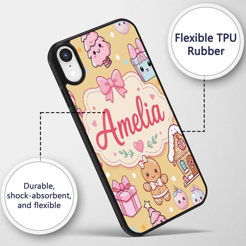 Cute Gingerbread Girl Candy House Sweets Gold Custom Name Protective Phone Case Mobile Cover Durable Everyday Smartphone Shock Resistant