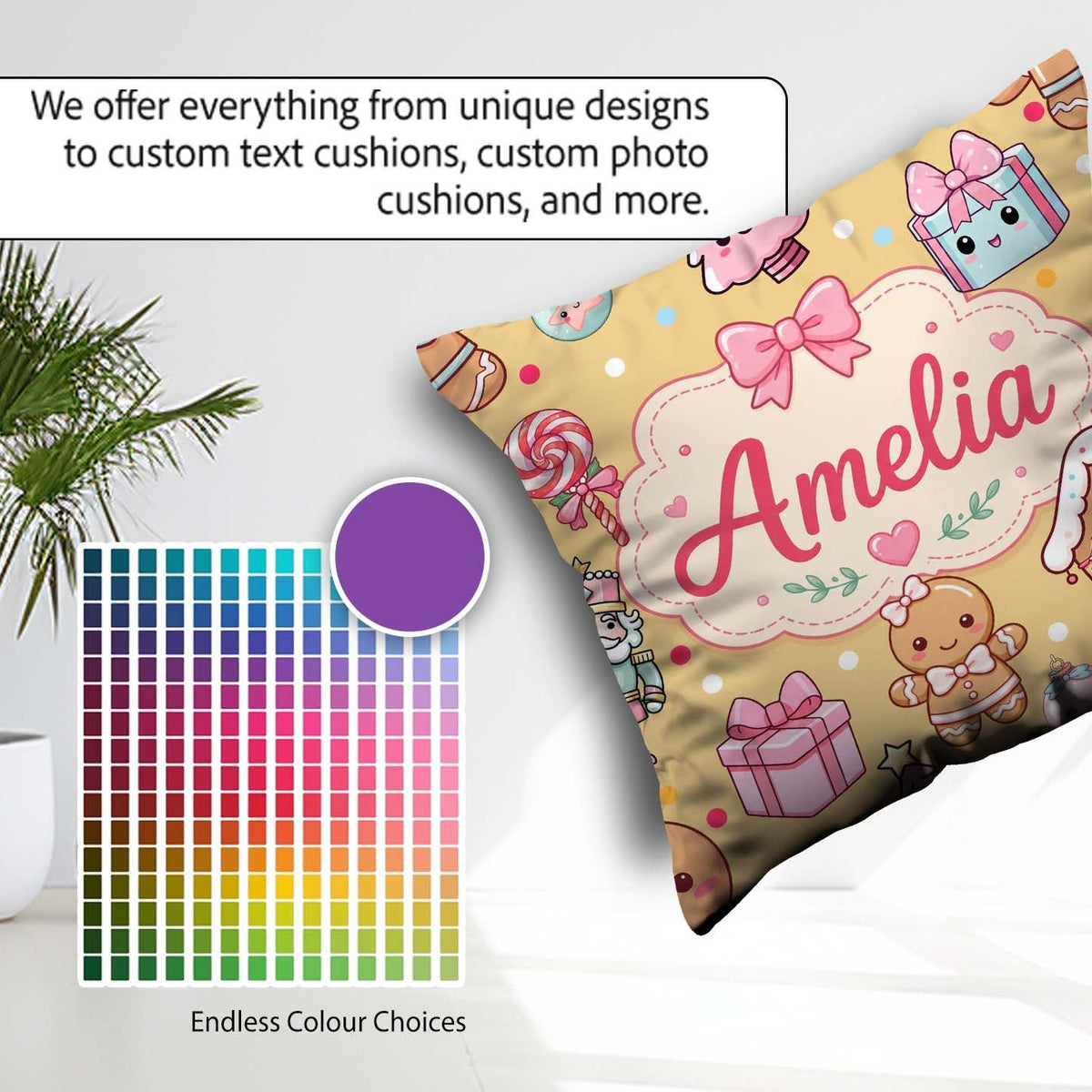 Custom Name Gingerbread Girl Candy House Sweets Gold Background Square Filled Cushion Throw Pillow Sofa Bed Home Decor Zip Washable UK Made