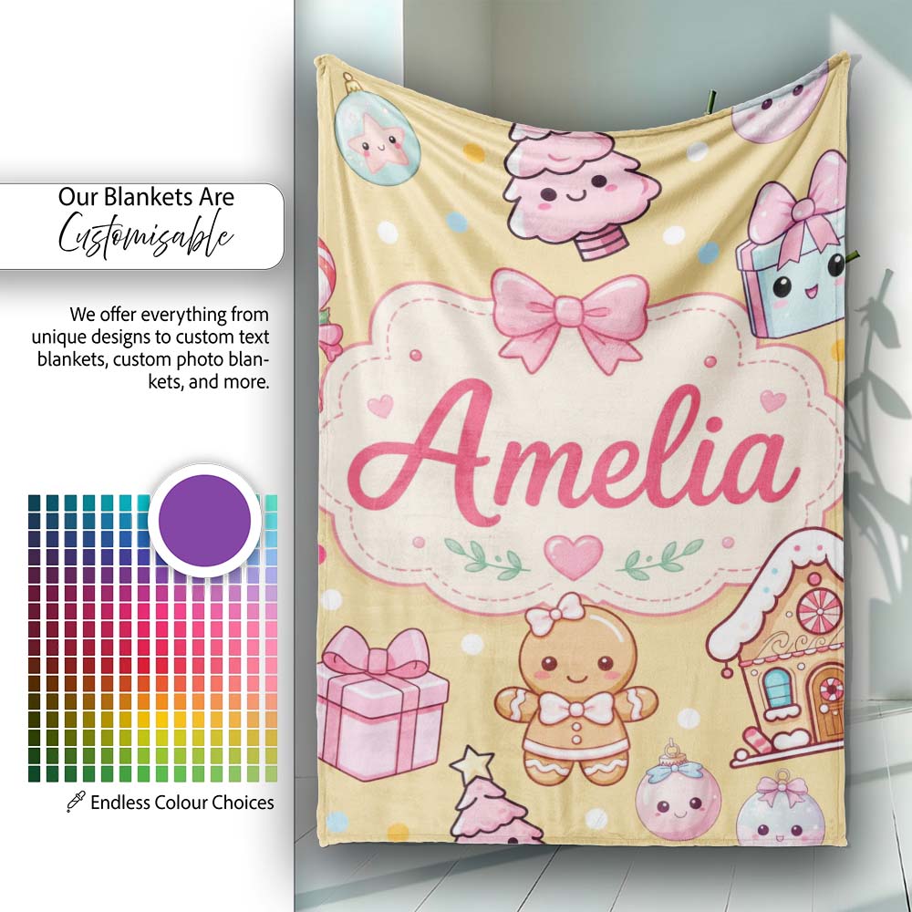 Cute Gingerbread Girl Candy House Sweets Gold Background Seamless  Personalised Custom Name Super Soft Fleece Blanket Bed Sofa Throw