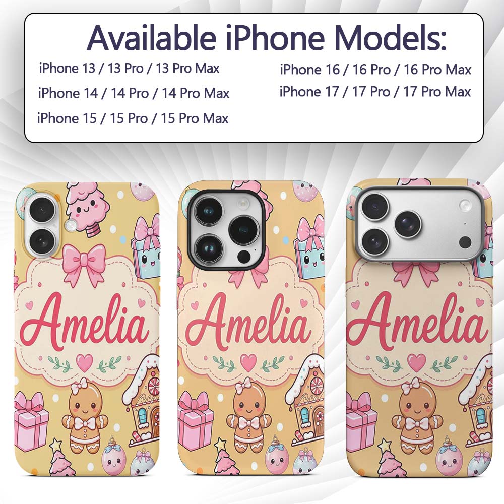 Cute Gingerbread Girl Candy House Sweets Gold Custom Name Protective Phone Case Mobile Cover Durable Everyday Smartphone Shock Resistant