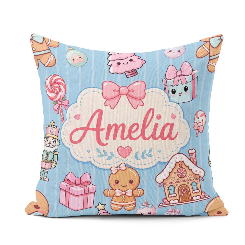 Custom Name Cute Gingerbread Girl Candy House Sweet Blue Stripe Square Filled Cushion Throw Pillow Sofa Bed Home Decor Zip Washable UK Made