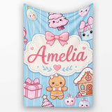 Cute Gingerbread Girl Candy House Sweet Blue Stripe Background  Personalised Custom Name Super Soft Fleece Blanket Bed Sofa Throw