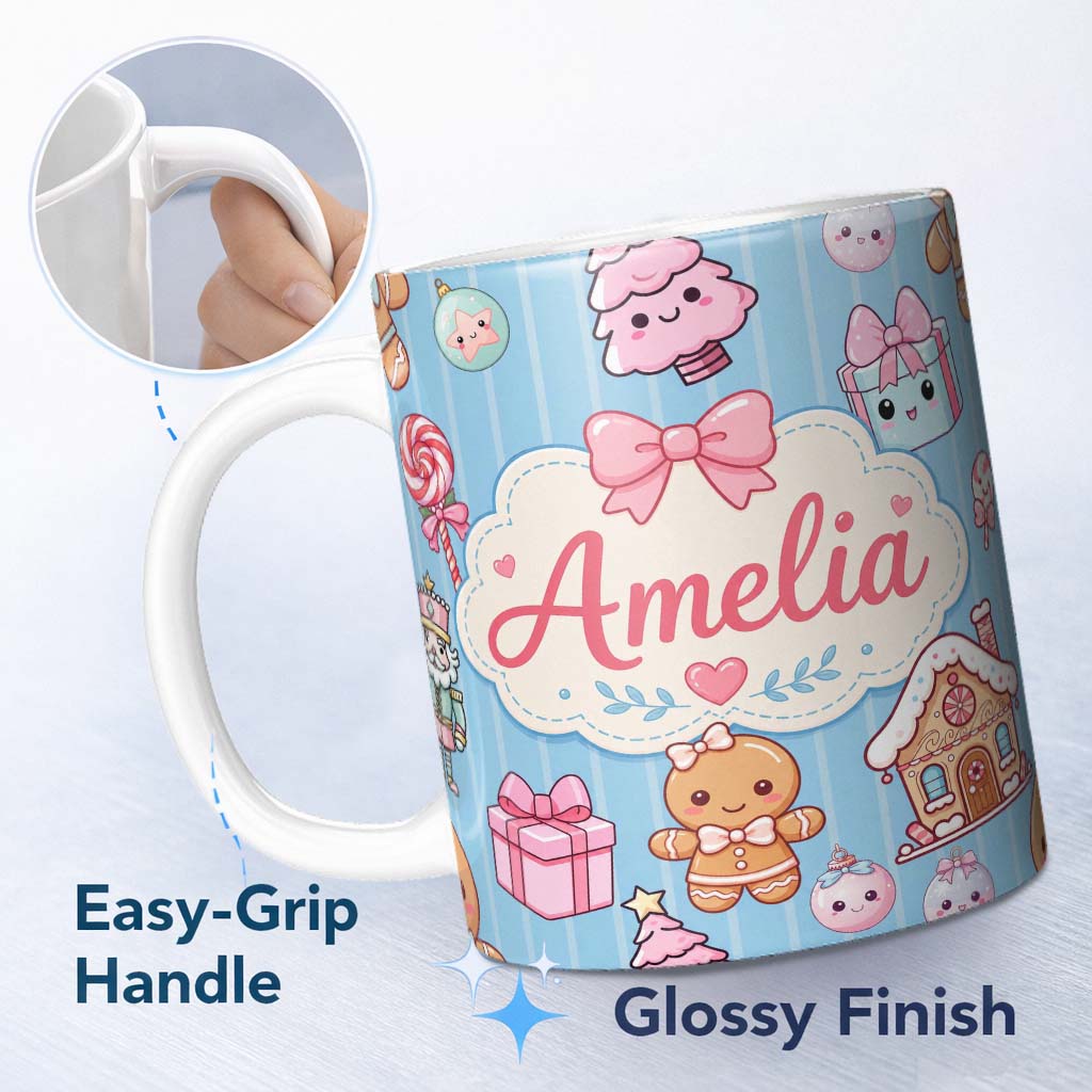 Personalized Custom Name Cute Gingerbread Girl Candy House Sweet Blue Stripe Background 11oz Ceramic Coffee Tea Mug White Large Handle