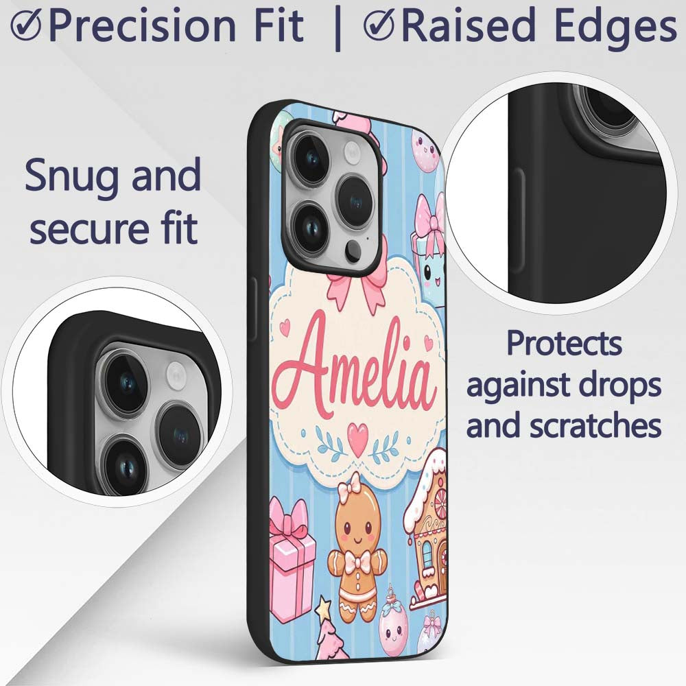 Cute Gingerbread Girl Candy House Sweet Blue Custom Name Protective Phone Case Mobile Cover Durable Everyday Smartphone Shock Resistant