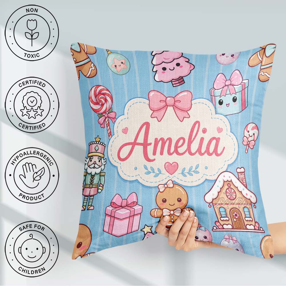 Custom Name Cute Gingerbread Girl Candy House Sweet Blue Stripe Square Filled Cushion Throw Pillow Sofa Bed Home Decor Zip Washable UK Made