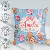 Custom Name Cute Gingerbread Girl Candy House Sweet Blue Stripe Square Filled Cushion Throw Pillow Sofa Bed Home Decor Zip Washable UK Made