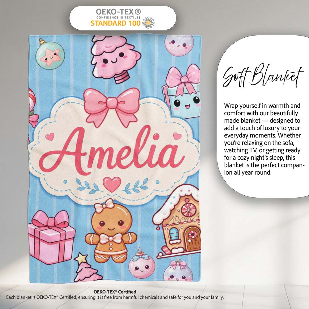 Cute Gingerbread Girl Candy House Sweet Blue Stripe Background  Personalised Custom Name Super Soft Fleece Blanket Bed Sofa Throw