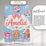 Cute Gingerbread Girl Candy House Sweet Blue Stripe Background  Personalised Custom Name Super Soft Fleece Blanket Bed Sofa Throw