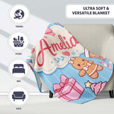 Cute Gingerbread Girl Candy House Sweet Blue Stripe Background  Personalised Custom Name Super Soft Fleece Blanket Bed Sofa Throw