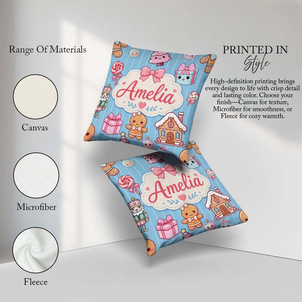 Custom Name Cute Gingerbread Girl Candy House Sweet Blue Stripe Square Filled Cushion Throw Pillow Sofa Bed Home Decor Zip Washable UK Made