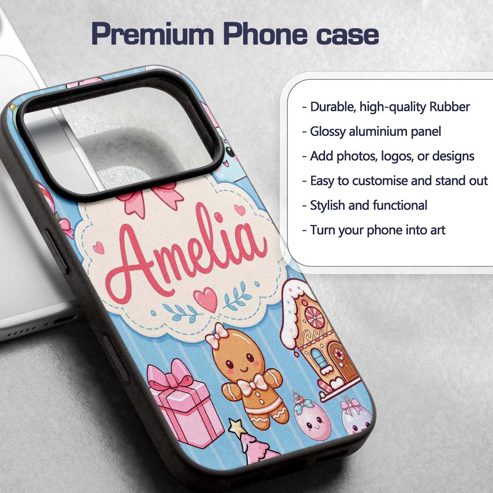 Cute Gingerbread Girl Candy House Sweet Blue Custom Name Protective Phone Case Mobile Cover Durable Everyday Smartphone Shock Resistant