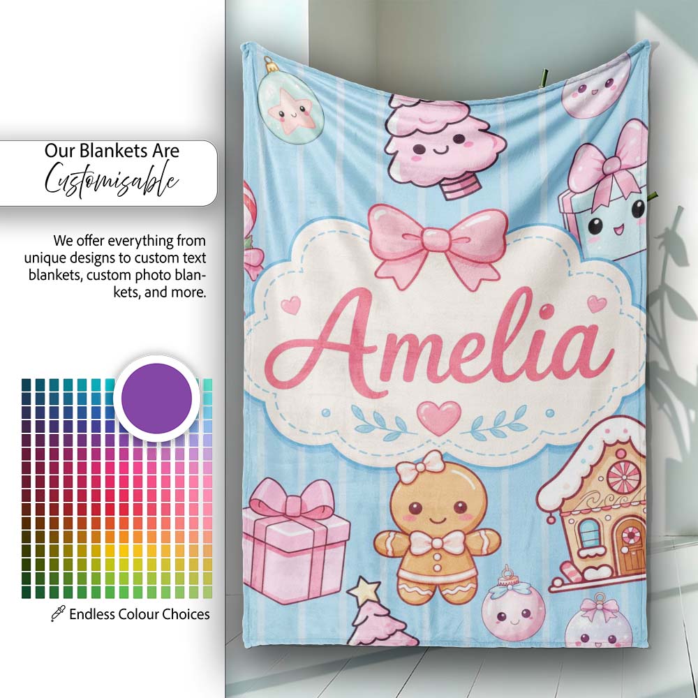 Cute Gingerbread Girl Candy House Sweet Blue Stripe Background  Personalised Custom Name Super Soft Fleece Blanket Bed Sofa Throw