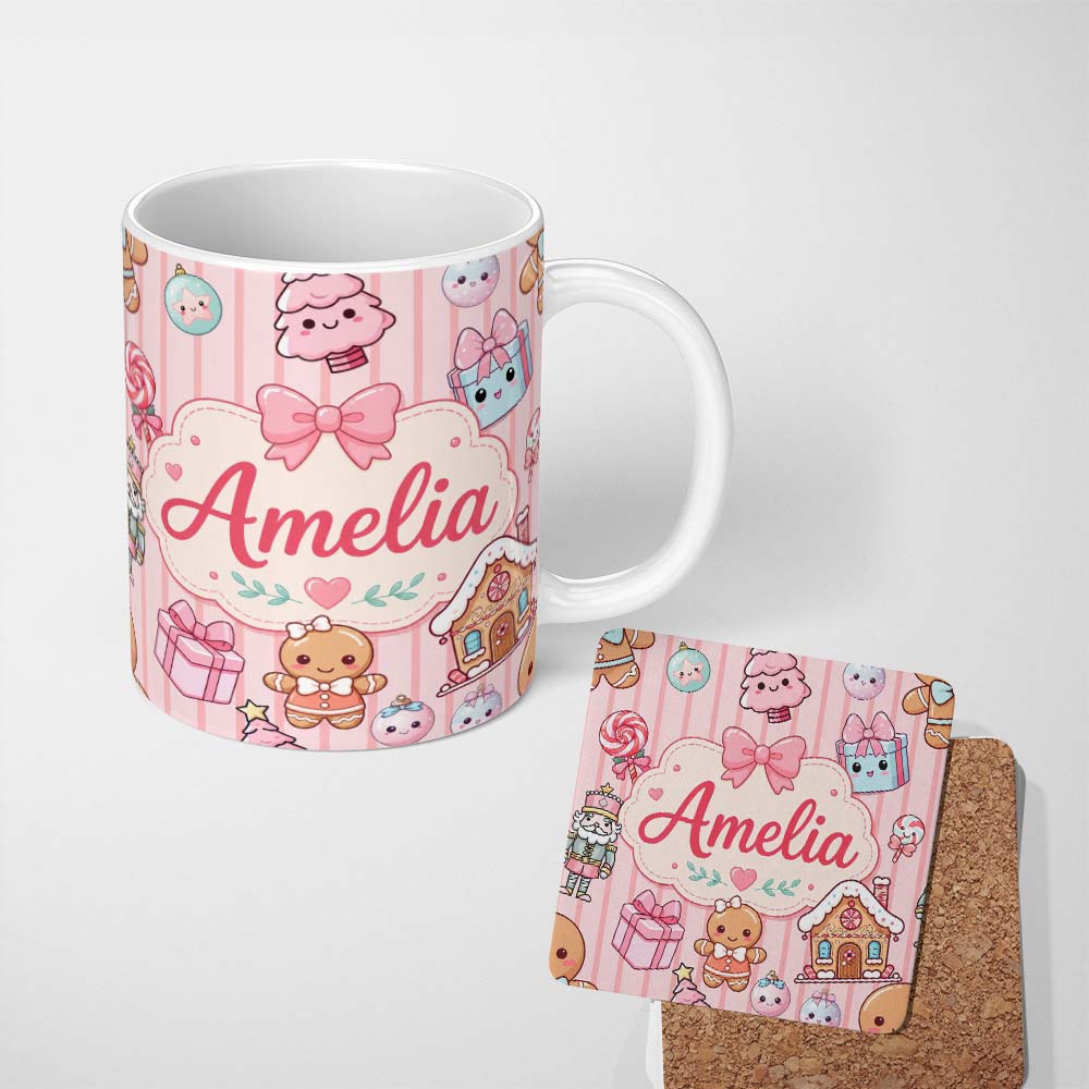 Personalized Custom Name Cute Gingerbread Girl Candy House Sweet Pink Stripe Background 11oz Ceramic Coffee Tea Mug White Large Handle