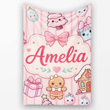 Cute Gingerbread Girl Candy House Sweet Pink Stripe Background  Personalised Custom Name Super Soft Fleece Blanket Bed Sofa Throw