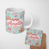 Personalized Custom Name Cute Gingerbread Girl Candy House Sweet Mint Stripe Background 11oz Ceramic Coffee Tea Mug White Large Handle