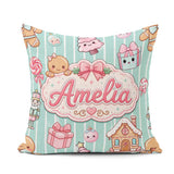 Custom Name Cute Gingerbread Girl Candy House Sweet Mint Stripe Square Filled Cushion Throw Pillow Sofa Bed Home Decor Zip Washable UK Made