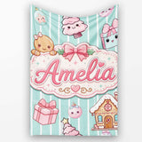Cute Gingerbread Girl Candy House Sweet Mint Stripe Background  Personalised Custom Name Super Soft Fleece Blanket Bed Sofa Throw