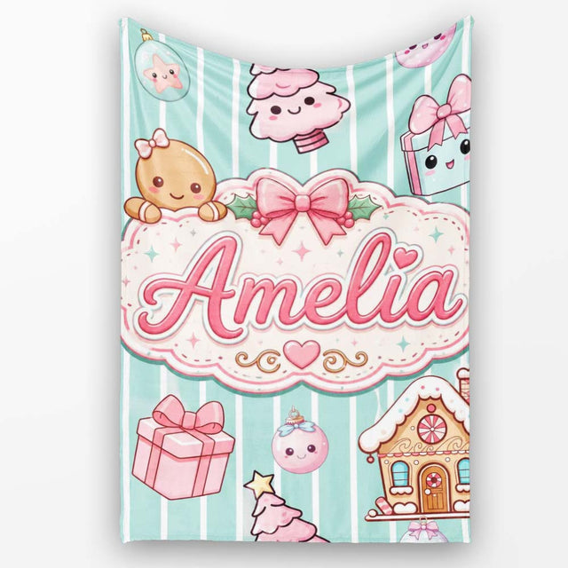 Cute Gingerbread Girl Candy House Sweet Mint Stripe Background  Personalised Custom Name Super Soft Fleece Blanket Bed Sofa Throw