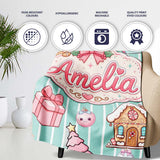 Cute Gingerbread Girl Candy House Sweet Mint Stripe Background  Personalised Custom Name Super Soft Fleece Blanket Bed Sofa Throw