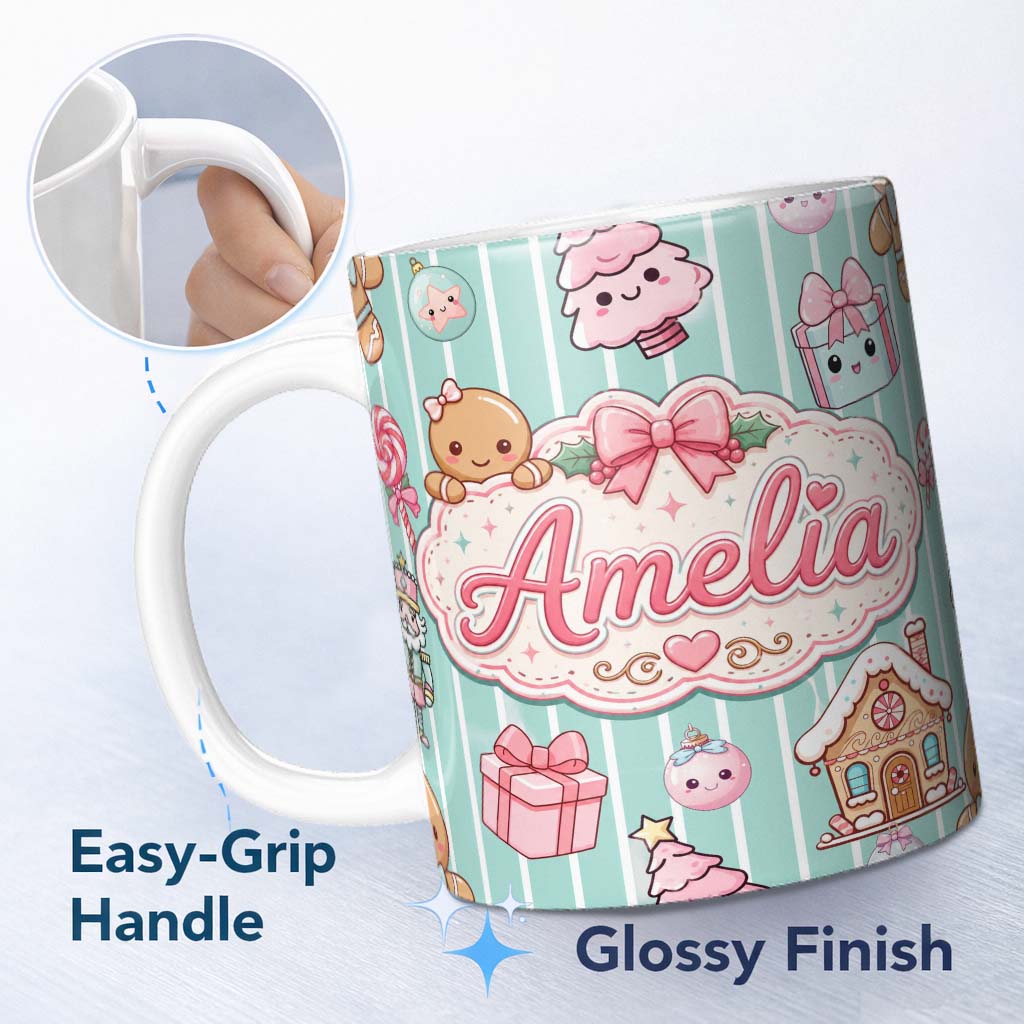 Personalized Custom Name Cute Gingerbread Girl Candy House Sweet Mint Stripe Background 11oz Ceramic Coffee Tea Mug White Large Handle