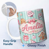 Personalized Custom Name Cute Gingerbread Girl Candy House Sweet Mint Stripe Background 11oz Ceramic Coffee Tea Mug White Large Handle
