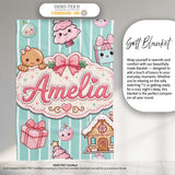 Cute Gingerbread Girl Candy House Sweet Mint Stripe Background  Personalised Custom Name Super Soft Fleece Blanket Bed Sofa Throw