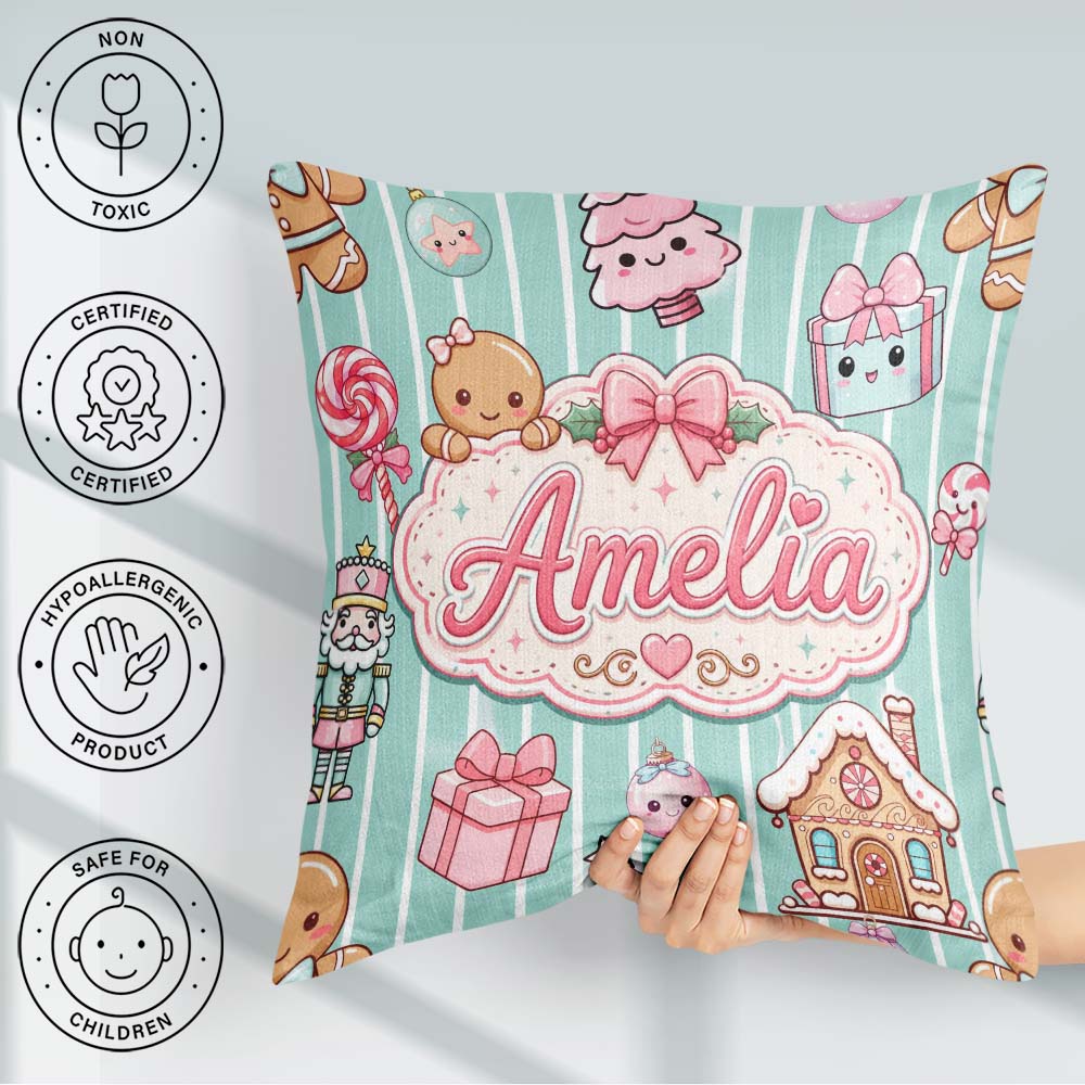 Custom Name Cute Gingerbread Girl Candy House Sweet Mint Stripe Square Filled Cushion Throw Pillow Sofa Bed Home Decor Zip Washable UK Made