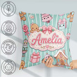 Custom Name Cute Gingerbread Girl Candy House Sweet Mint Stripe Square Filled Cushion Throw Pillow Sofa Bed Home Decor Zip Washable UK Made