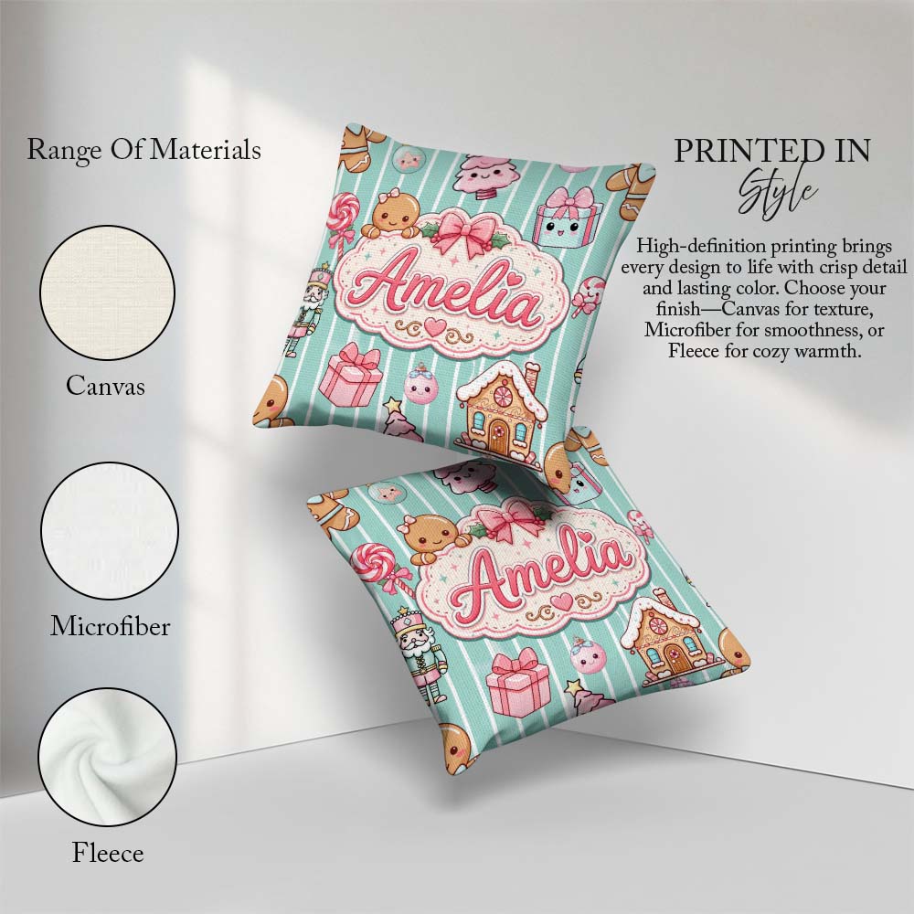 Custom Name Cute Gingerbread Girl Candy House Sweet Mint Stripe Square Filled Cushion Throw Pillow Sofa Bed Home Decor Zip Washable UK Made