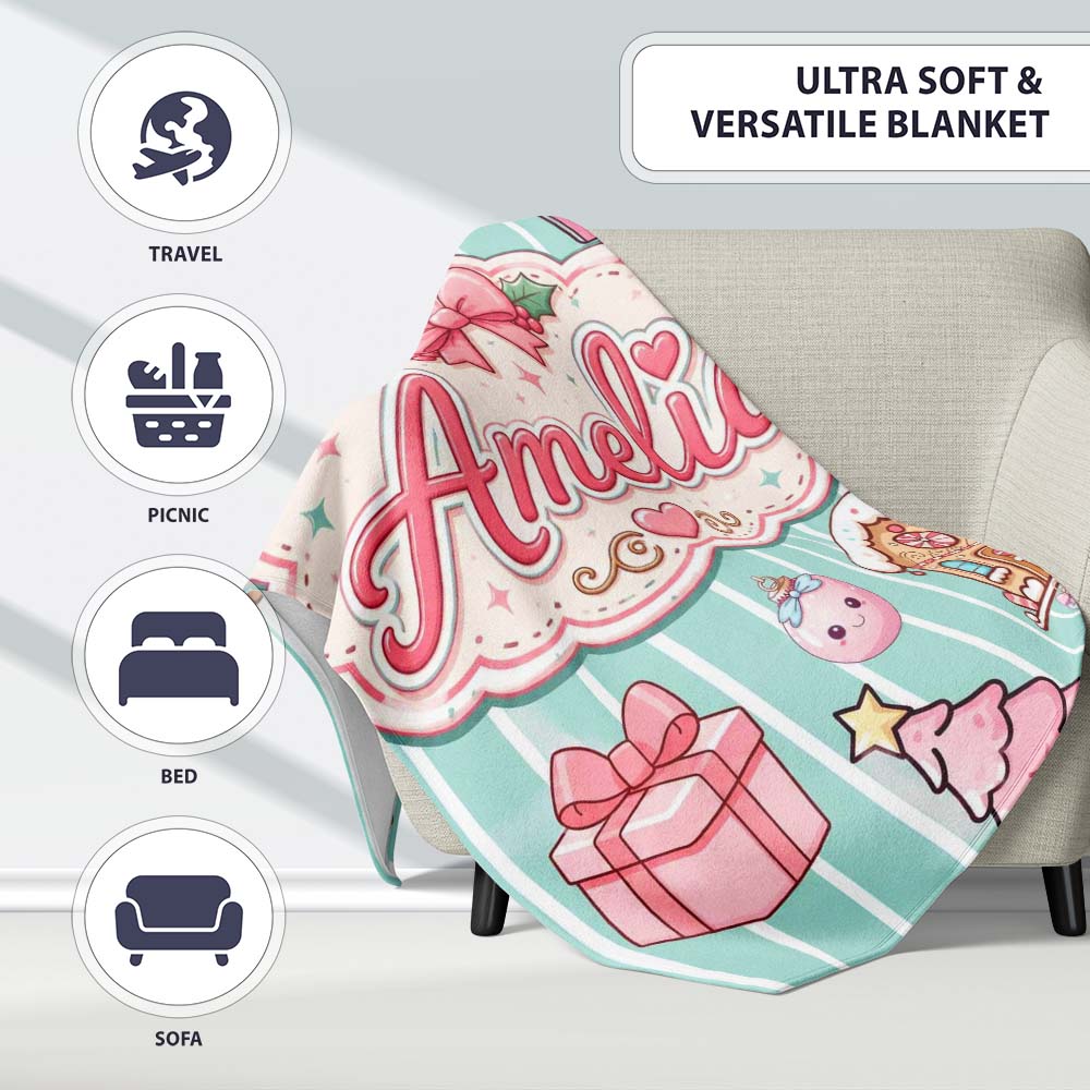 Cute Gingerbread Girl Candy House Sweet Mint Stripe Background  Personalised Custom Name Super Soft Fleece Blanket Bed Sofa Throw