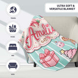 Cute Gingerbread Girl Candy House Sweet Mint Stripe Background  Personalised Custom Name Super Soft Fleece Blanket Bed Sofa Throw