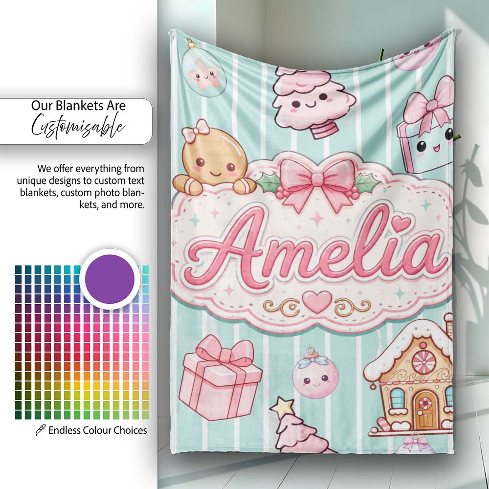 Cute Gingerbread Girl Candy House Sweet Mint Stripe Background  Personalised Custom Name Super Soft Fleece Blanket Bed Sofa Throw