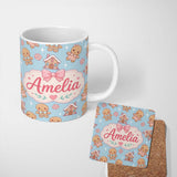 Personalized Custom Name Cute Gingerbread Cookies Candy Stars Blue Background Seamless 11oz Ceramic Coffee Tea Mug White Large Handle