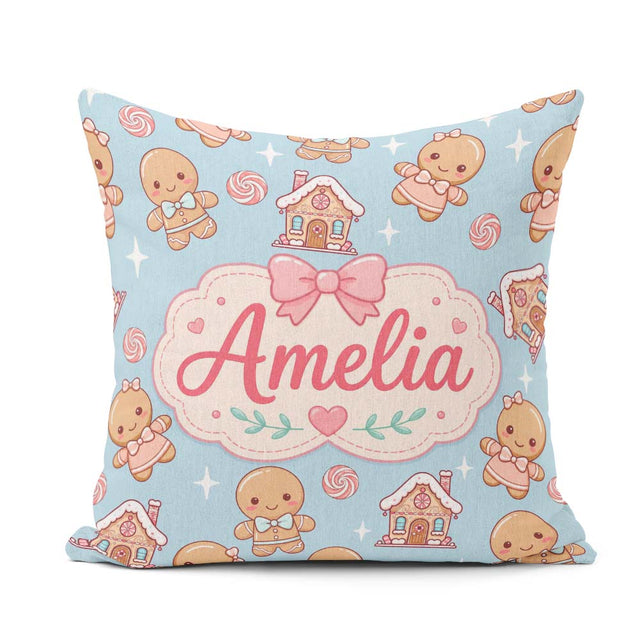 Custom Name Cute Gingerbread Cookies Candy Stars Blue Background Square Filled Cushion Throw Pillow Sofa Bed Home Decor Zip Washable UK Made