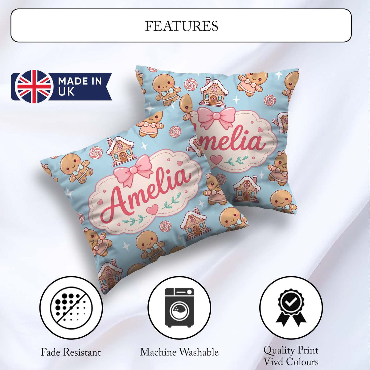 Custom Name Cute Gingerbread Cookies Candy Stars Blue Background Square Filled Cushion Throw Pillow Sofa Bed Home Decor Zip Washable UK Made