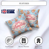 Custom Name Cute Gingerbread Cookies Candy Stars Blue Background Square Filled Cushion Throw Pillow Sofa Bed Home Decor Zip Washable UK Made