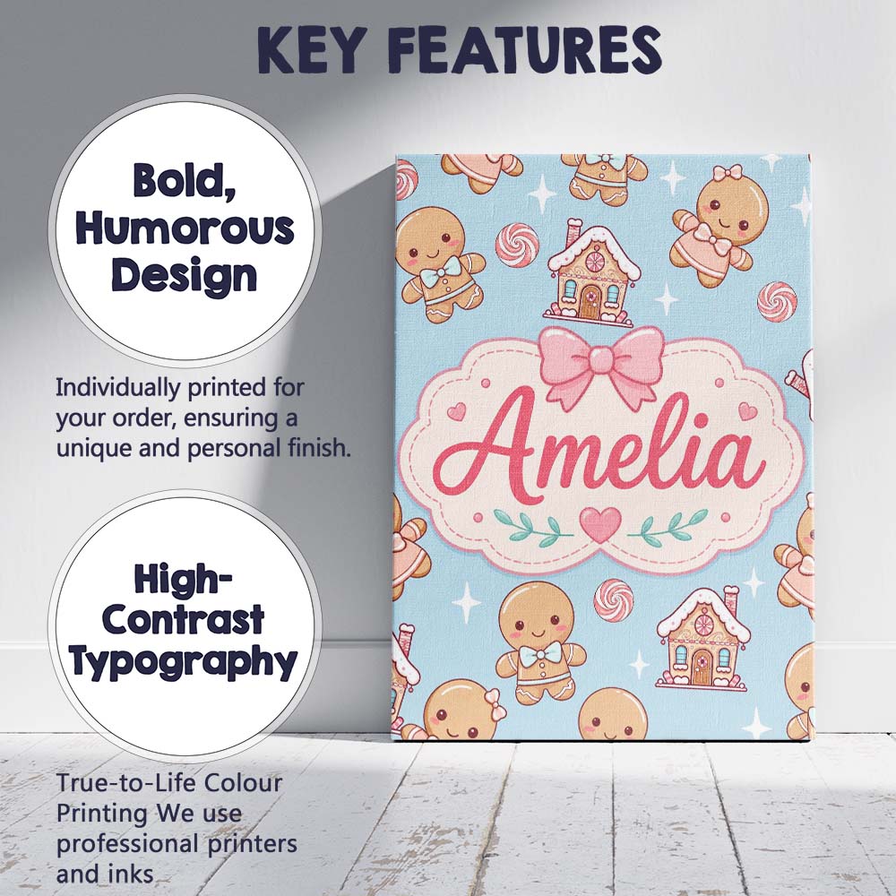 Personalised Name Cute Gingerbread Cookies Custom  Unique Gift Idea Elegant Feature Canvas Wall Art Print Decor Picture Ready to Hang