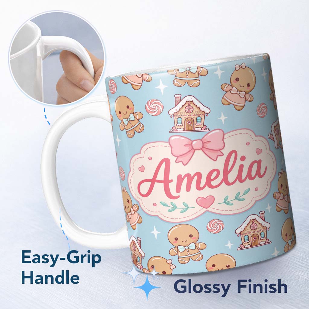 Personalized Custom Name Cute Gingerbread Cookies Candy Stars Blue Background Seamless 11oz Ceramic Coffee Tea Mug White Large Handle