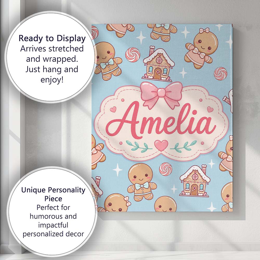Personalised Name Cute Gingerbread Cookies Custom  Unique Gift Idea Elegant Feature Canvas Wall Art Print Decor Picture Ready to Hang