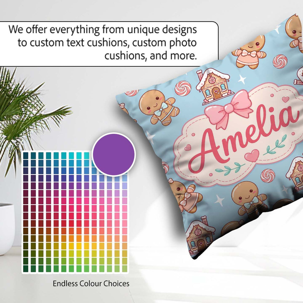 Custom Name Cute Gingerbread Cookies Candy Stars Blue Background Square Filled Cushion Throw Pillow Sofa Bed Home Decor Zip Washable UK Made