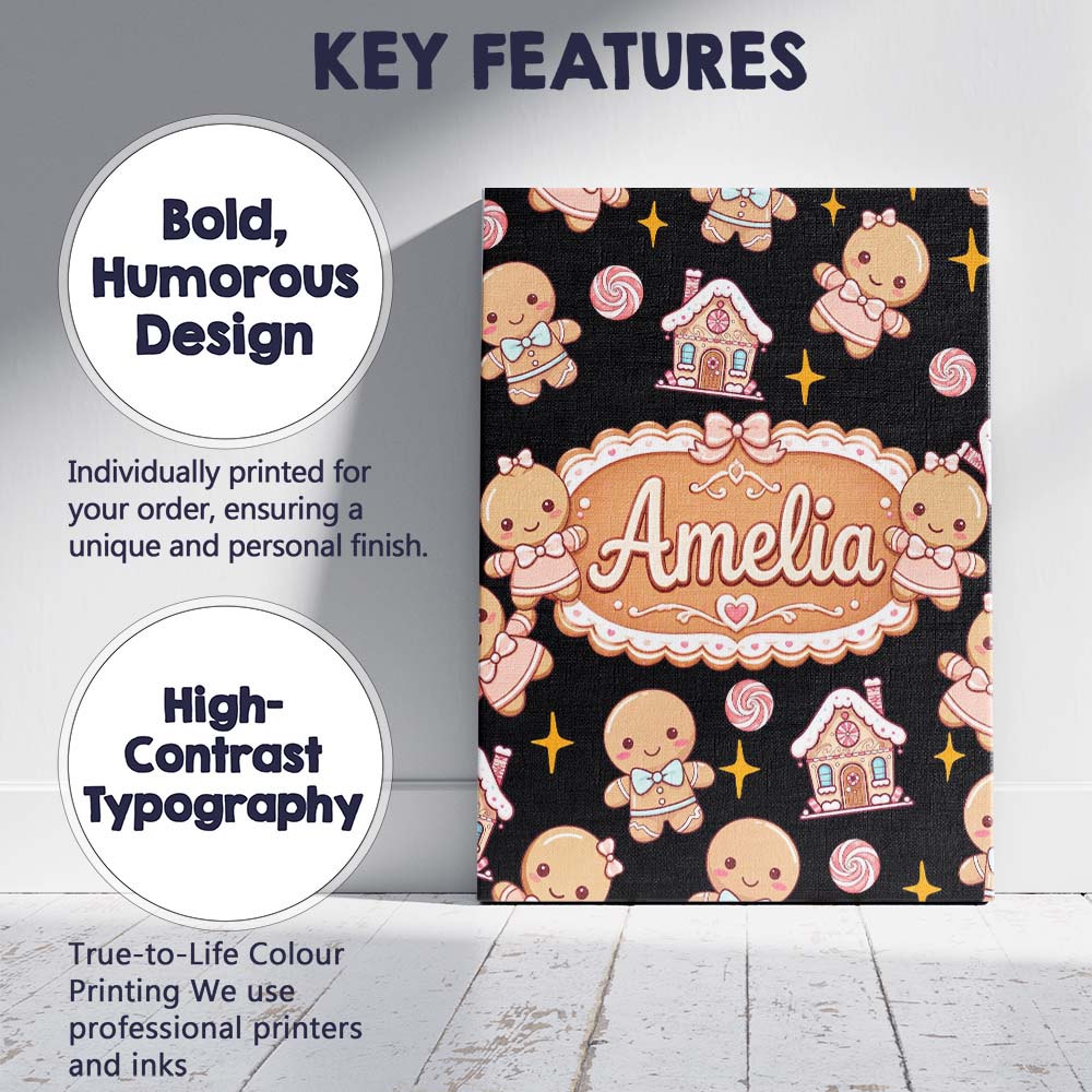 Personalised Name Cute Gingerbread Cookies Custom  Unique Gift Idea Elegant Feature Canvas Wall Art Print Decor Picture Ready to Hang