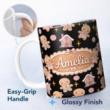 Personalized Custom Name Cute Gingerbread Cookies Candy Stars Black Background Seamless 11oz Ceramic Coffee Tea Mug White Large Handle
