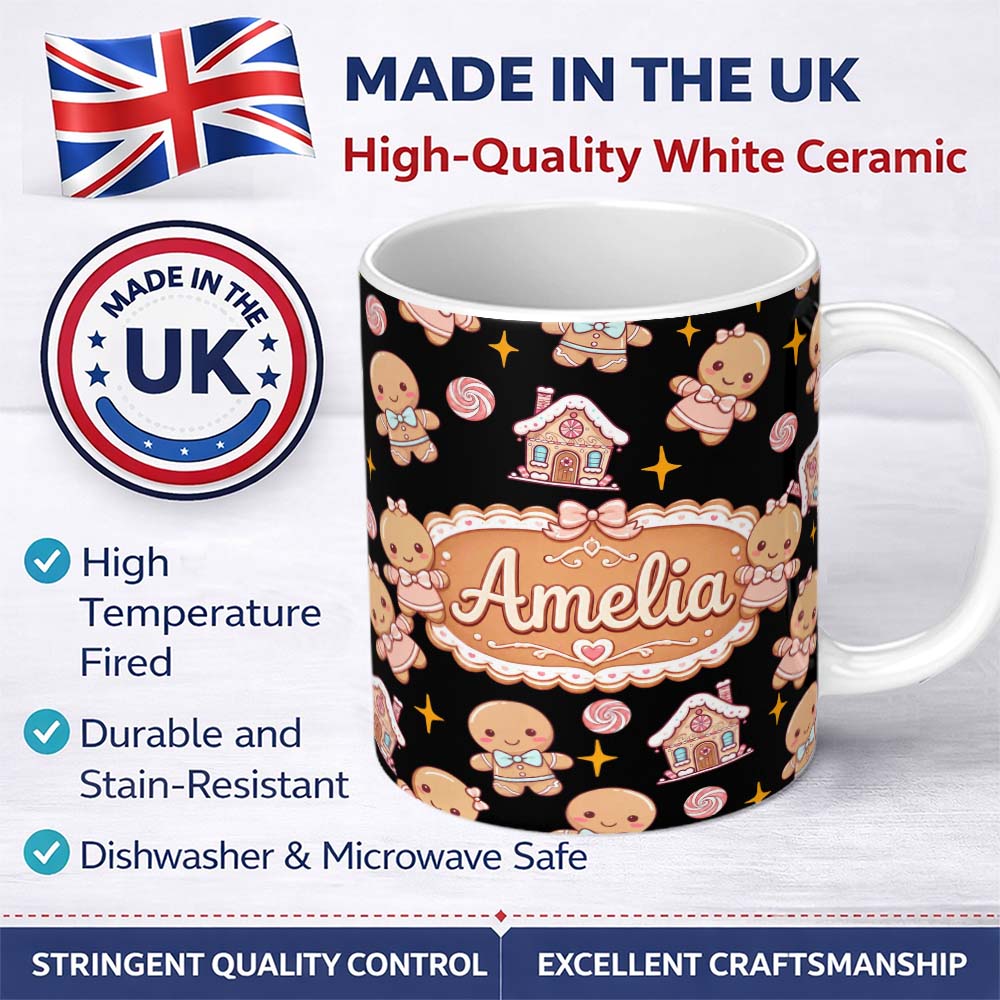 Personalized Custom Name Cute Gingerbread Cookies Candy Stars Black Background Seamless 11oz Ceramic Coffee Tea Mug White Large Handle