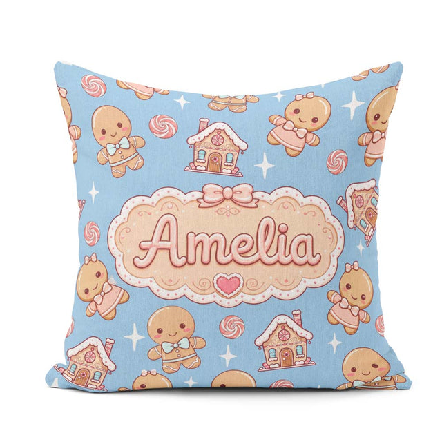Custom Name Cute Gingerbread Cookies Candy House Blue Background Square Filled Cushion Throw Pillow Sofa Bed Home Decor Zip Washable UK Made
