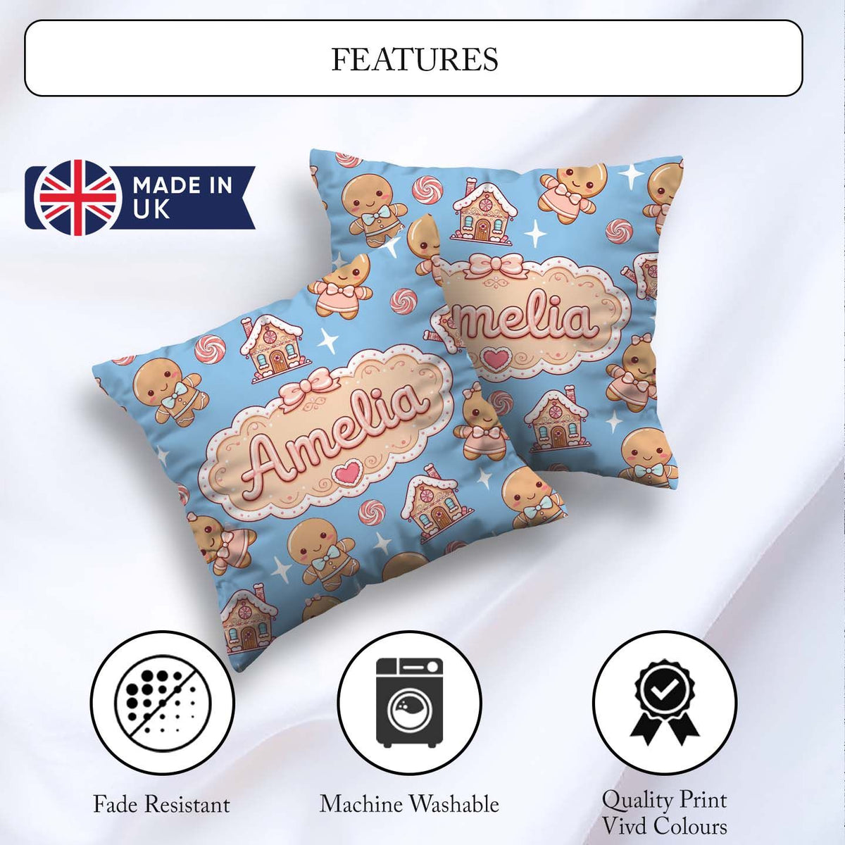 Custom Name Cute Gingerbread Cookies Candy House Blue Background Square Filled Cushion Throw Pillow Sofa Bed Home Decor Zip Washable UK Made