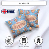 Custom Name Cute Gingerbread Cookies Candy House Blue Background Square Filled Cushion Throw Pillow Sofa Bed Home Decor Zip Washable UK Made