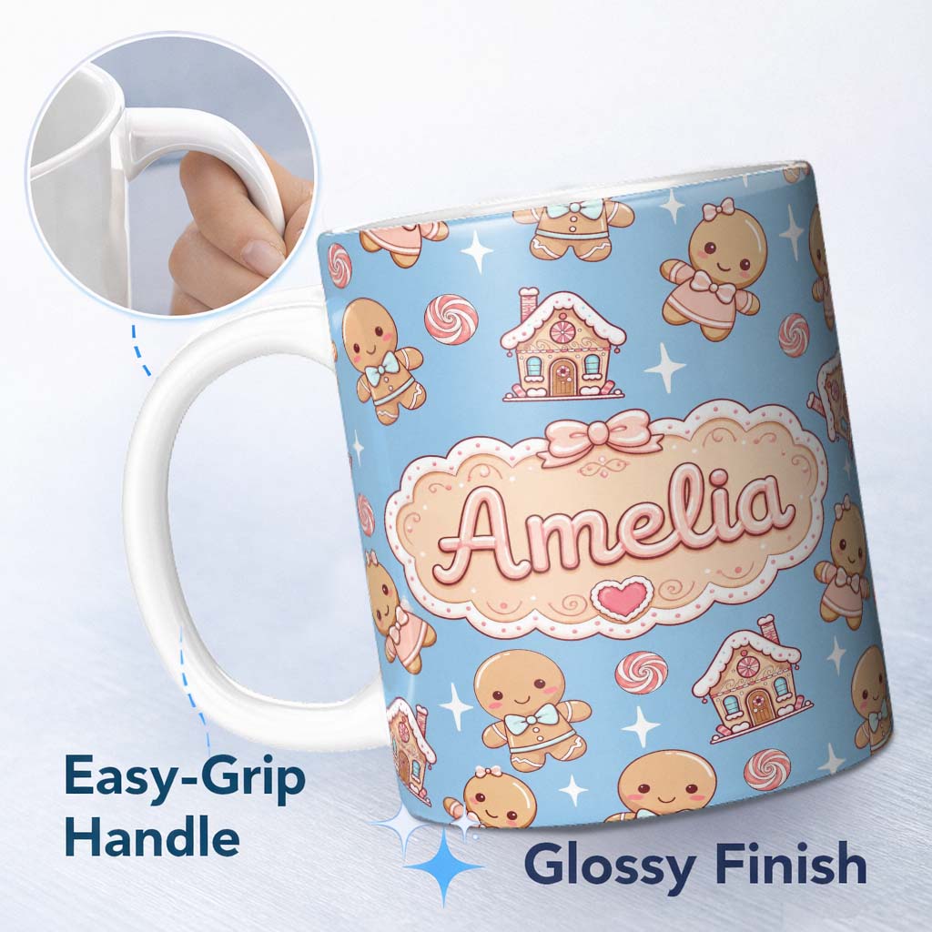 Personalized Custom Name Cute Gingerbread Cookies Candy House Sweets Blue Background 11oz Ceramic Coffee Tea Mug White Large Handle