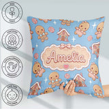 Custom Name Cute Gingerbread Cookies Candy House Blue Background Square Filled Cushion Throw Pillow Sofa Bed Home Decor Zip Washable UK Made
