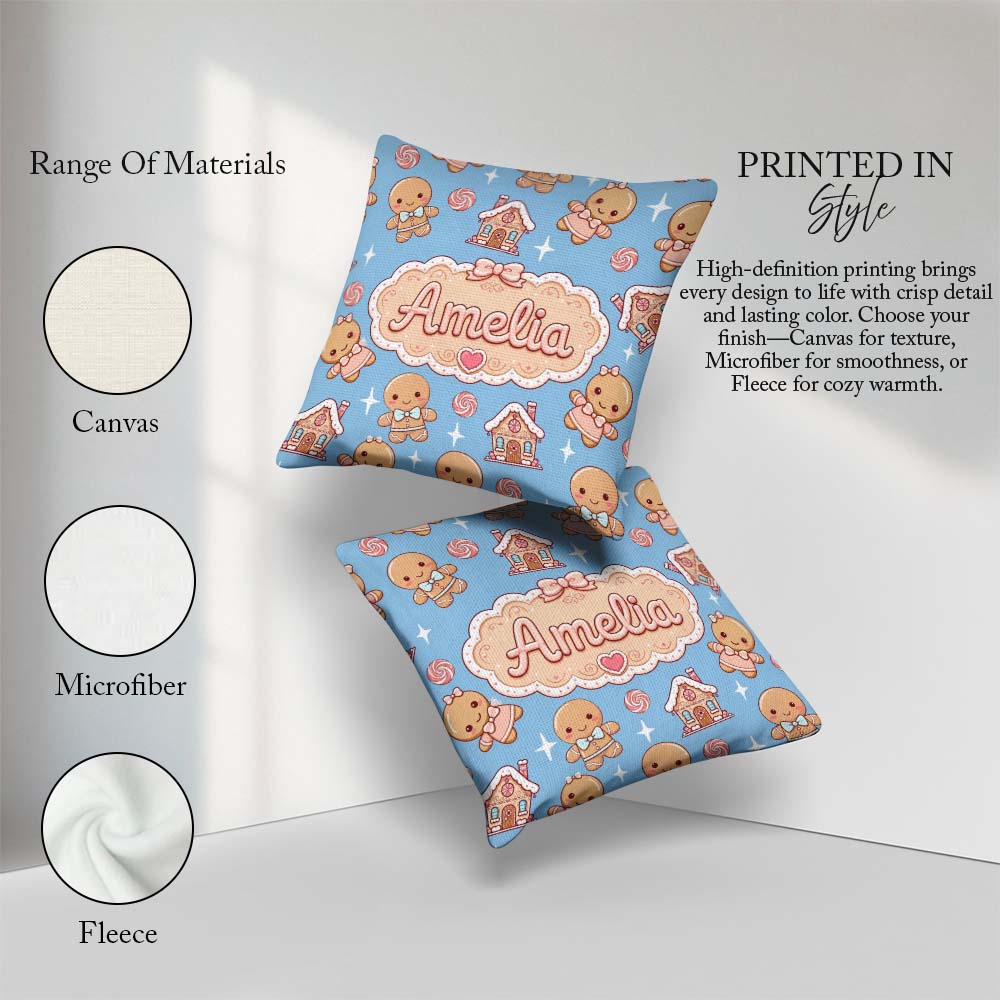 Custom Name Cute Gingerbread Cookies Candy House Blue Background Square Filled Cushion Throw Pillow Sofa Bed Home Decor Zip Washable UK Made