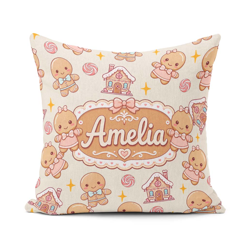 Custom Name Cute Gingerbread Candy House Sweets Cream Background Square Filled Cushion Throw Pillow Sofa Bed Home Decor Zip Washable UK Made
